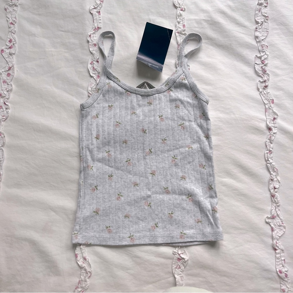 Gray pink flower stretchy ribbed tank